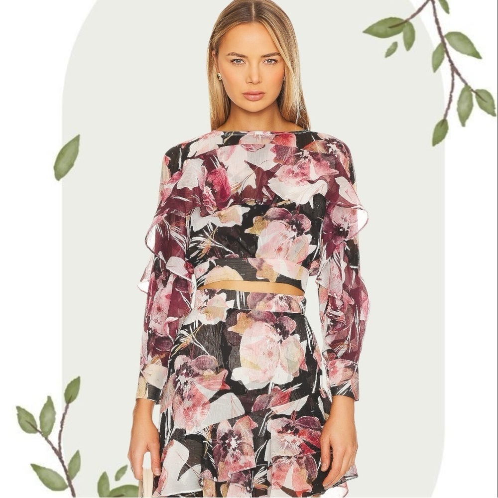 Misa Los Angeles Silvana Cropped Burgundy Blouse Top in Flora Tropical- Size XS